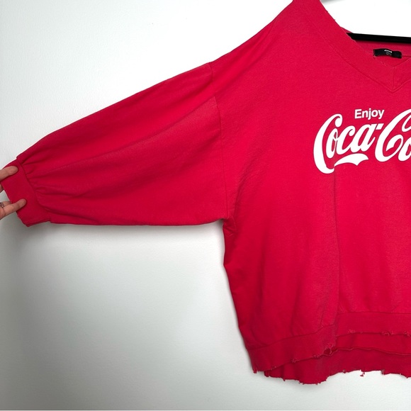 Coca-Cola Red Oversized Distressed Drop Shoulder 3/4 Sleeve V-Neck Sweatshirt - Picture 8 of 13